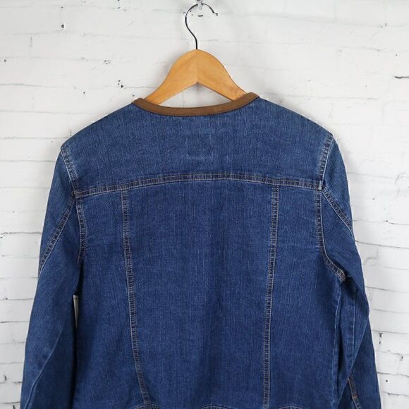 RUBY RD BLUE DENIM CROPPED JEAN JACKET WITH BROWN FAUX SUEDE DETAIL SIZE 10 - Picture 9 of 10